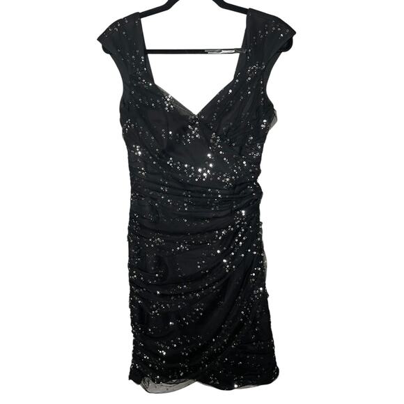Y2K Modern Alex Evenings Black Tulle Silver Sequin Ruched Party Dress Glam - Picture 1 of 7